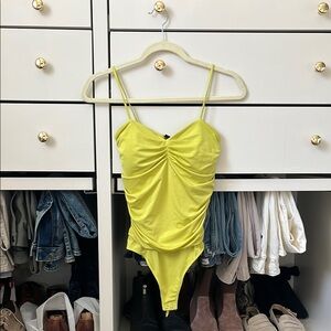 Express Vibrant Yellow Ruched Bodysuit